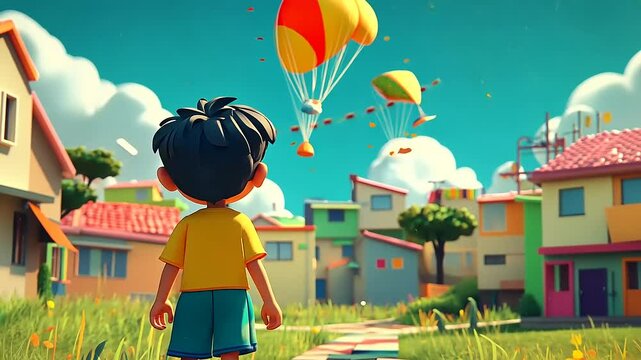 A child watches colorful parachutes descend in a vibrant neighborhood on a sunny day