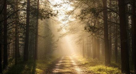 Obraz premium A sunlit path winds through a dense fog filled forest, creating a magical and serene atmosphere