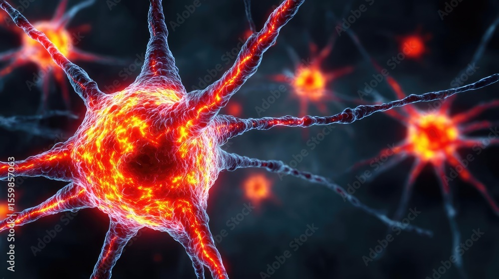 Poster biological logic from brain-inspired neuron activation concept. a detailed view of glowing neurons s