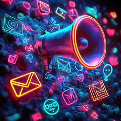 Colorful neon icons and megaphone create vibrant marketing atmosphere