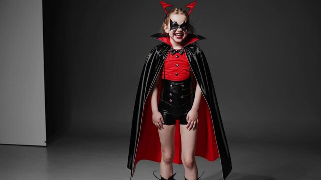 Halloween celebration features a young girl wearing a devil costume, complete with horns, a cape, and scary makeup, smiling mischievously in a studio setting