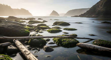 Driftwood and mosscovered rocks lie on a tranquil beach, the calm ocean reflecting the soft light of a setting sun