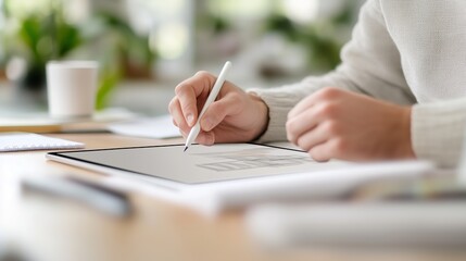 Creative professional sketches design concepts on tablet during a focused work session in a modern office environment