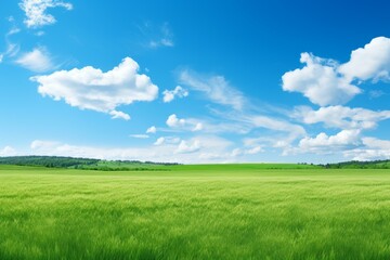 Beautiful green field meeting blue sky with white clouds on sunny day