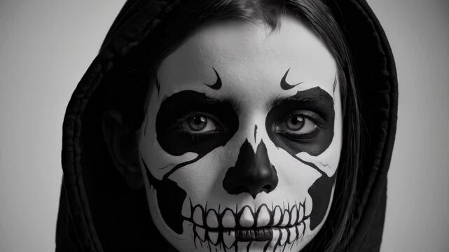 Black and white portrait of a young girl wearing a hooded sweatshirt and elaborate skeleton makeup, her gaze fixed on the camera against a neutral background