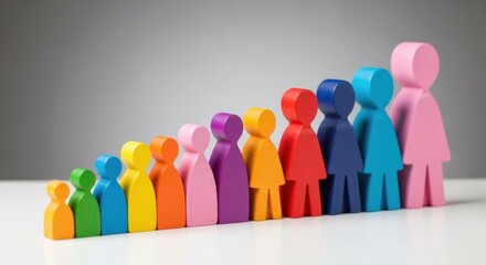 A striking visual representation of population change or societal progress, with a rainbow-colored gradient of female human figures growing in size along an upward trajectory.