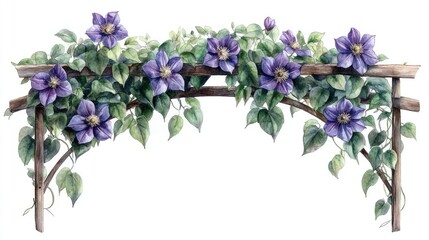 Watercolor archway adorned with purple clematis flowers and vines