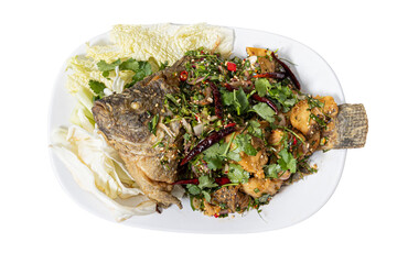 Crispy Fried Fish with Herbs: A tantalizing plate showcases a perfectly fried fish, generously...