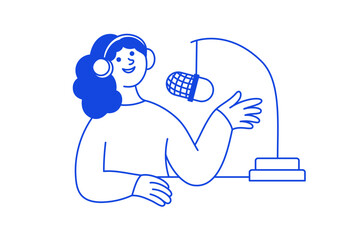 Vector illustration in simple hand drawn linear style with friendly mascots and characters for podcast cover, interview recording