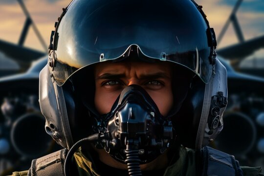 Portrait of a fighter pilot wearing helmet and oxygen mask standing near a jet fighter