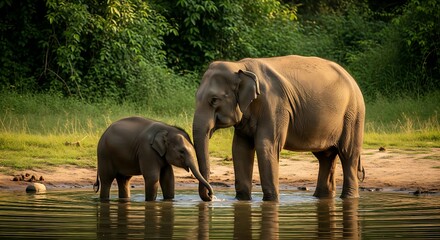 Fototapeta premium Mother Elephant with Baby Standing in River at Sunset