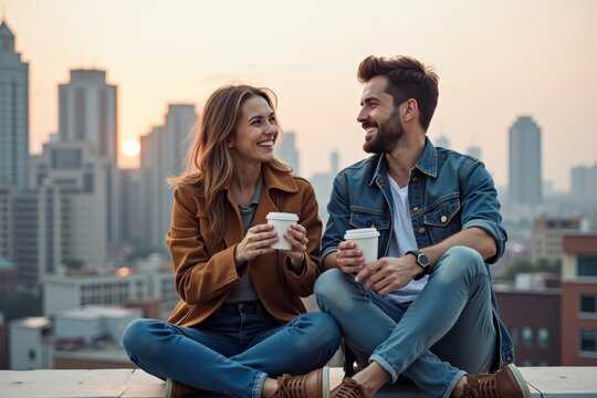 Coffee Date: Young Urban Couple Enjoying City View from Rooftop