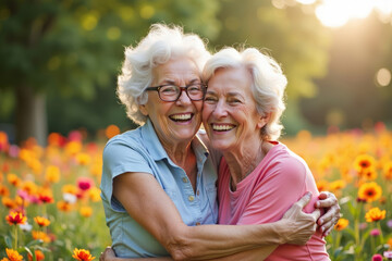 Title: Elderly Women Embracing with Joy in a Blooming Flower Field