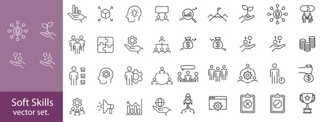 Soft Skills editable stroke outline web icons set. Skills, leadership, communication, creativity, empathy, self-motivation, problem solving, teamwork and responsibility. Vector illustration