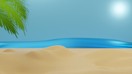 Palm tree on tropical beach with blue sky background. Copy space of summer vacation and business travel concept. Minimal abstract background for product presentation. Spring and summer. 3d rendering