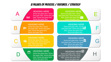 8 Pillars of Process / Features / Strategy. 8 Step A to H Infographic Layout with Color Icons and Headings. Fully editable vector SVG file compatible with PowerPoint.