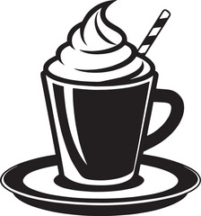 Stylized black and white illustration of a coffee cup with whipped cream and a straw