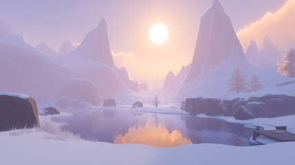 Serene Winter Landscape: Snowy Mountains, Lake Reflection, and Golden Sunlight