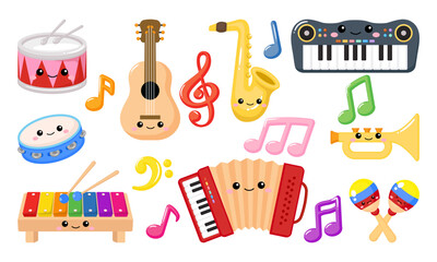 Colorful kawaii kids musical instruments clipart