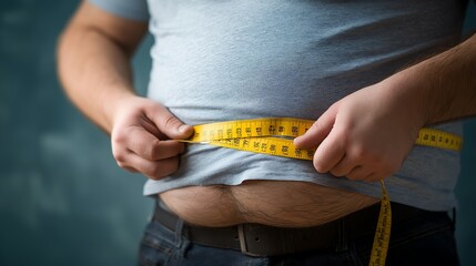Overweight or obese man with abdominal fat using a tape measure to check his waist size, Health and medicine concept He is on a diet and losing weight