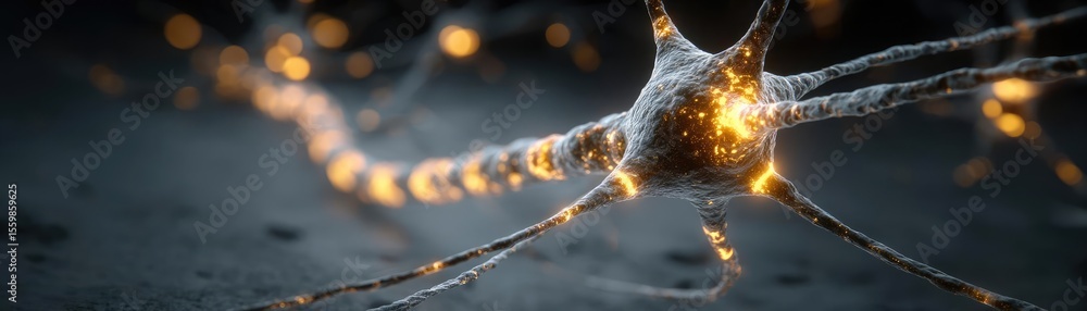Poster biological logic from brain-inspired neuron activation concept. close-up of a glowing neuron illustr