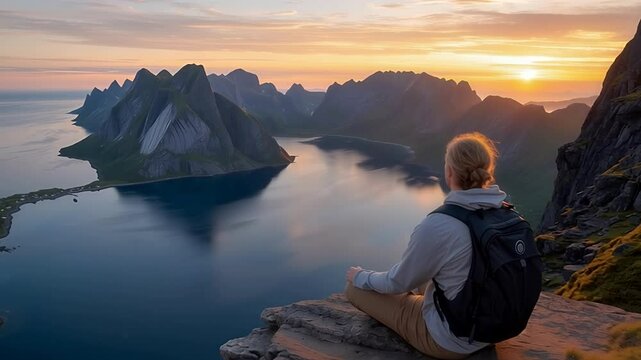 Blonde Scandinavian man wearing casual clothes and backpack meditating on a cliff overlooking a fjord and mountains during a beautiful sunset in Norway