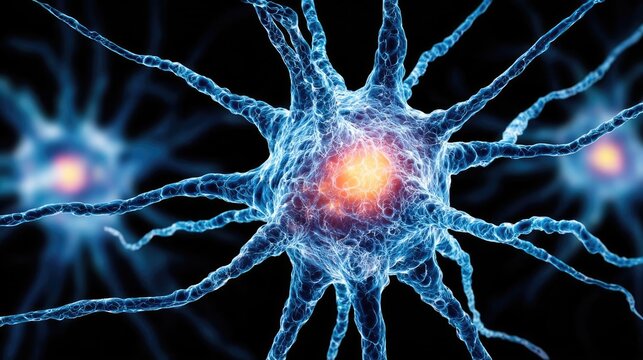 Biological logic from brain-inspired neuron activation concept. Close-up view of a neuron with glowing connections and vibrant colors.