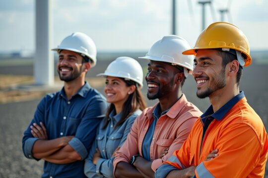 Revolutionary Concept: Diverse Engineering Team Collaborating at a Sustainable Renewable Energy Facility for a Cleaner Future