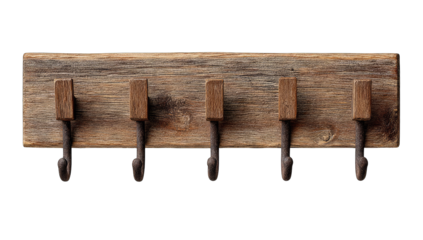 Rustic wooden wall-mounted coat rack with five hooks.  Dark brown wood plank with small,  square,  brown wooden accents atop metal hooks