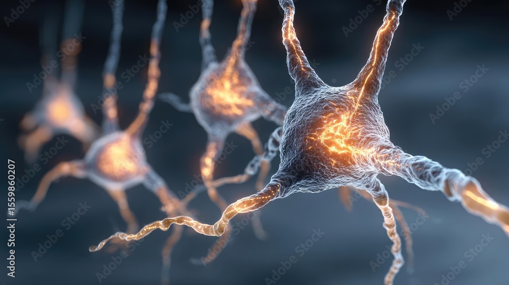 Poster biological logic from brain-inspired neuron activation concept. close-up of glowing neurons illustra