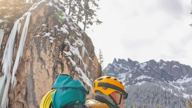 Senior East Asian climber consulting map while standing in snowy mountain landscape, wearing full ski gear amid icy wilderness terrain