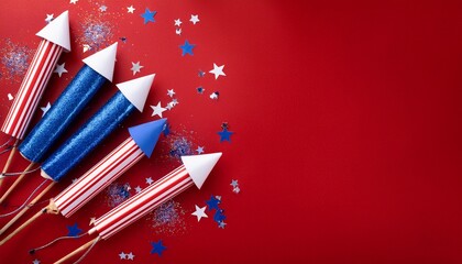 Fourth of july concept. Top view of blue, white and red fireworks rockets on red background with glitter and copy space. Generated image