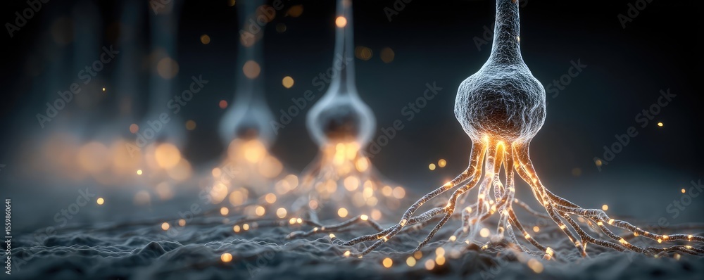 Poster biological logic from brain-inspired neuron activation concept. close-up of glowing neurons transmit