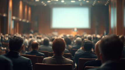 Attentive audience listens intently to a presentation in a large conference hall, captivated by the speaker's words on the screen.