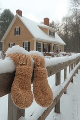 Knitted mittens hanging on a snowy wooden fence in front of a house