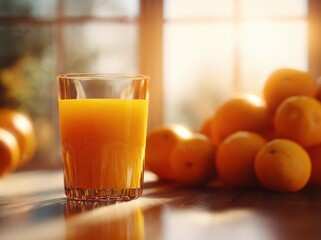 A glass of orange juice on the table, sunlight streaming through the window, oranges arranged around it