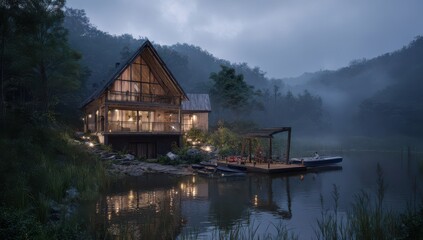 Fototapeta premium A luxurious wooden house with a terrace and boat dock on a lake, set in a forested mountain landscape