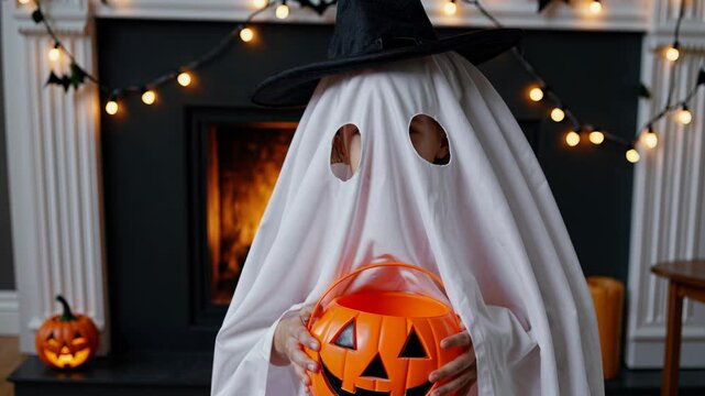 Child, dressed in a ghost costume with eyeholes and a witch's hat, holds an orange plastic pumpkin basket in front of a fireplace decorated with lights and paper bats for halloween