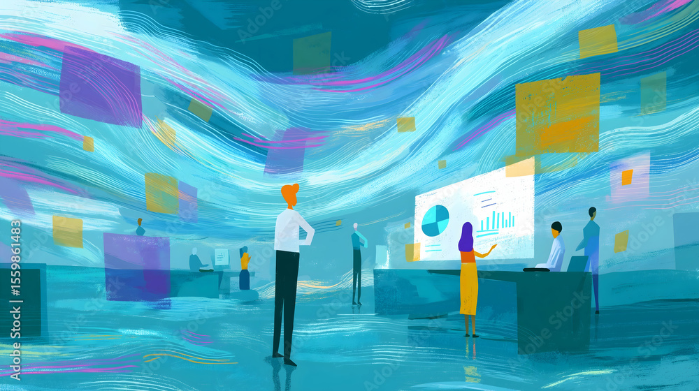 Poster a digital, abstract office scene where people analyze data and charts amid flowing streams of colorf