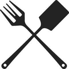 Black silhouette of crossed barbecue fork and spatula on white background