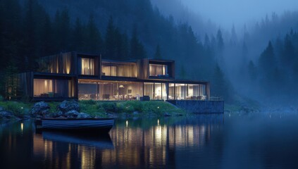 Fototapeta premium A luxurious wooden house with a terrace and boat dock on a lake, set in a forested mountain landscape
