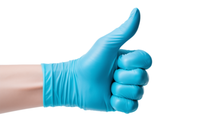 Hand shows a thumbs up gesture wearing a blue protective glove Isolated on transparent Background