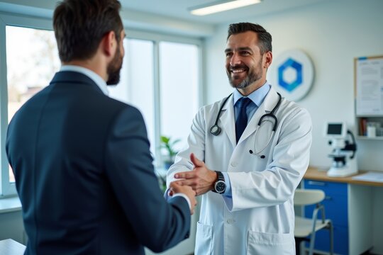 Capturing the Encounter: A Medical Professional and Pharmaceutical Representative Shake Hands in Photoshoot - Powered by Adobe