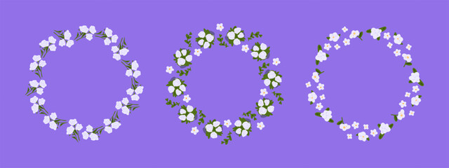 Pastel Floral Wreath Frame Set. Set of three floral wreath frames with white and light lilac flowers and green leaves on violet background. Flat style with soft natural colors.