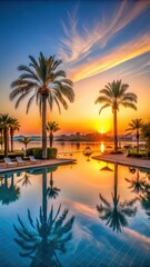 Fototapeta premium Sunset over the hotel pool with palm trees and the Nile River in Egypt