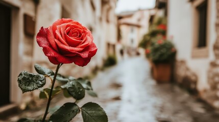 Red rose, cobblestone street, Italian village, rain, romance, travel blog