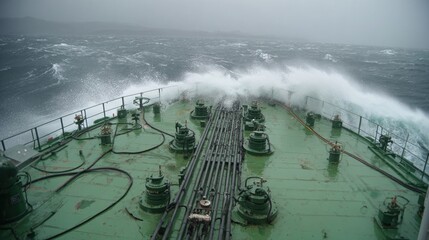 An image of the urea storage tank on a ships deck featuring a safety spill containment tray with hoses and fittings securely connected set against a backdrop of rugged maritime weather