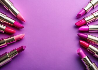 Semicircle of pink lipsticks arranged on purple background