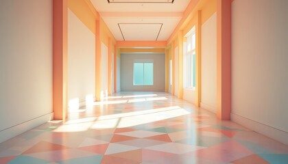 Obraz premium Empty sunlit corridor with pastel geometric tiled floor and large windows