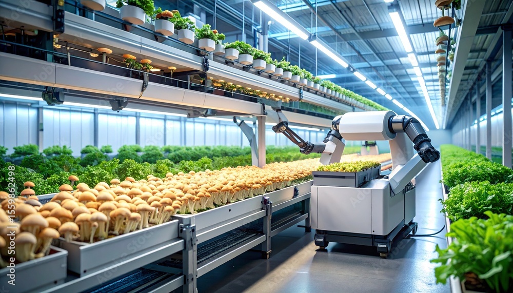 Poster robotic harvesting system operating in factory with conveyor for efficient mushroom packaging